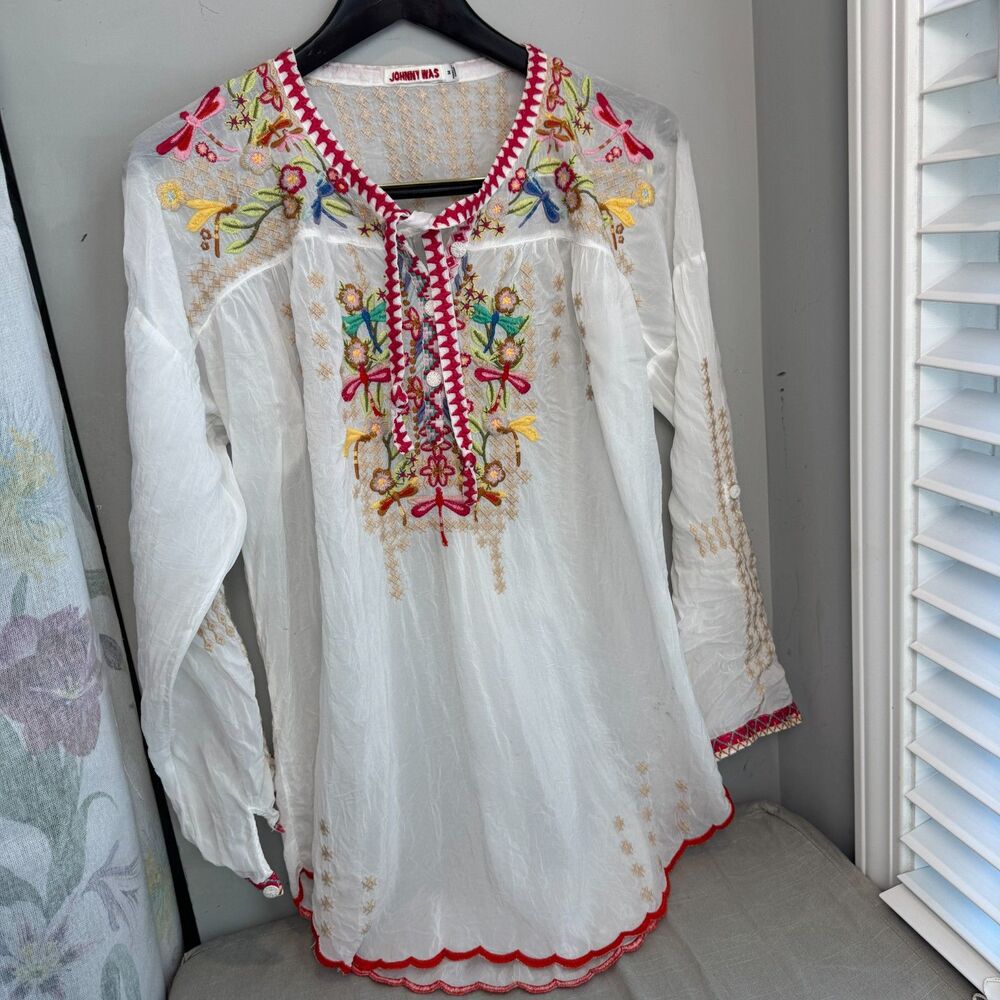 Johnny Was Women's M Floral Embroidered Rayon Peasant Top Boho Balloon Sleeve
